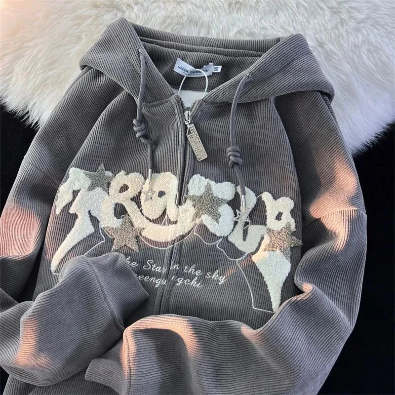Y2K Oversized Zip-Up Hoodie with Embroidery Grey