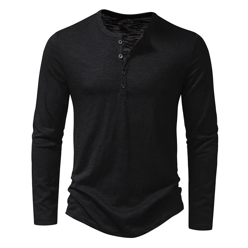 Men's Henley Neck Long Sleeve Slim Fit Button Shirt – Solid Breathable Cotton Casual Autumn