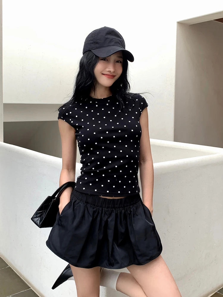 Camiseta Yedinas Streetwear de lunares para mujer, manga corta, estilo coreano, ajustada, vintage, tops de verano, camisetas Y2K, chic