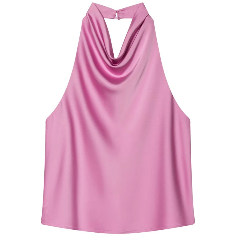 Top Corsé Halter Satén Mujer – Sin Espalda Elegante, Amarillo, Rosa & Negro
