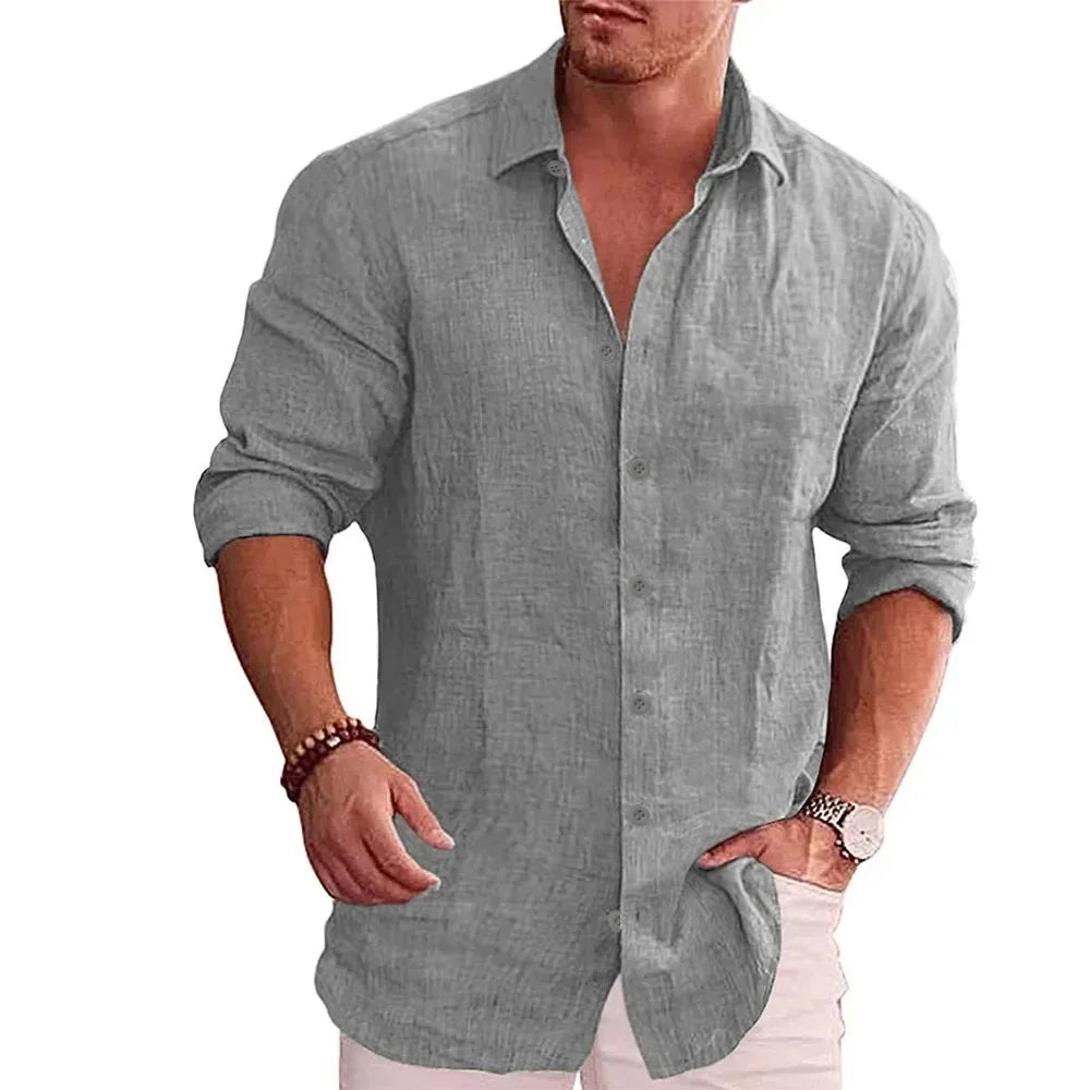 Men's Cotton Linen Long Sleeve Solid Color Shirt – Casual Plus Size
