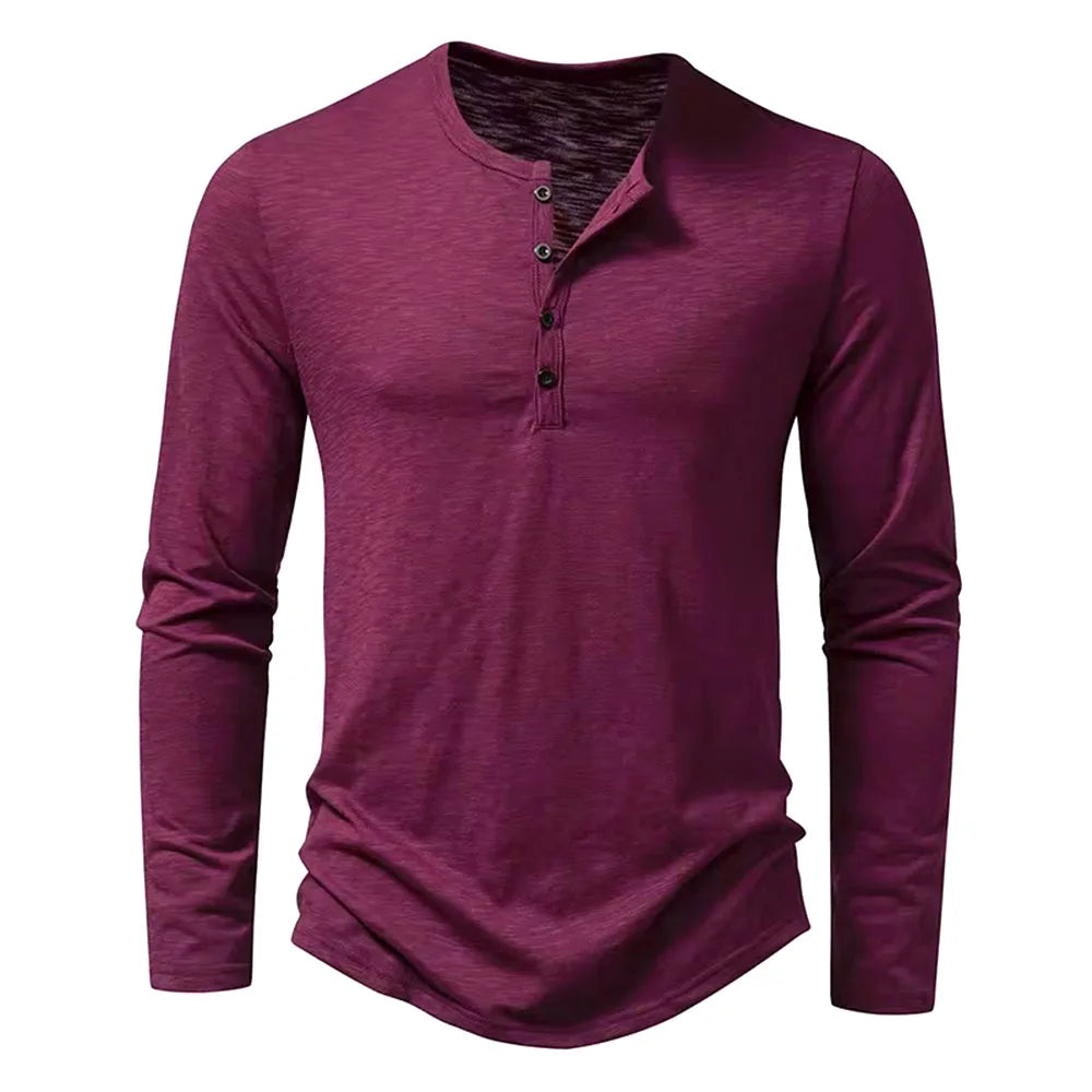 Men's Henley Neck Long Sleeve Slim Fit Button Shirt – Solid Breathable Cotton Casual Autumn
