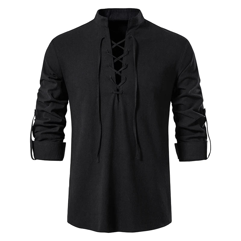 Camisa Hombre Lino Algodón Manga Larga Tapeta Diagonal – Estilo Vintage Yoga Casual Primavera Otoño