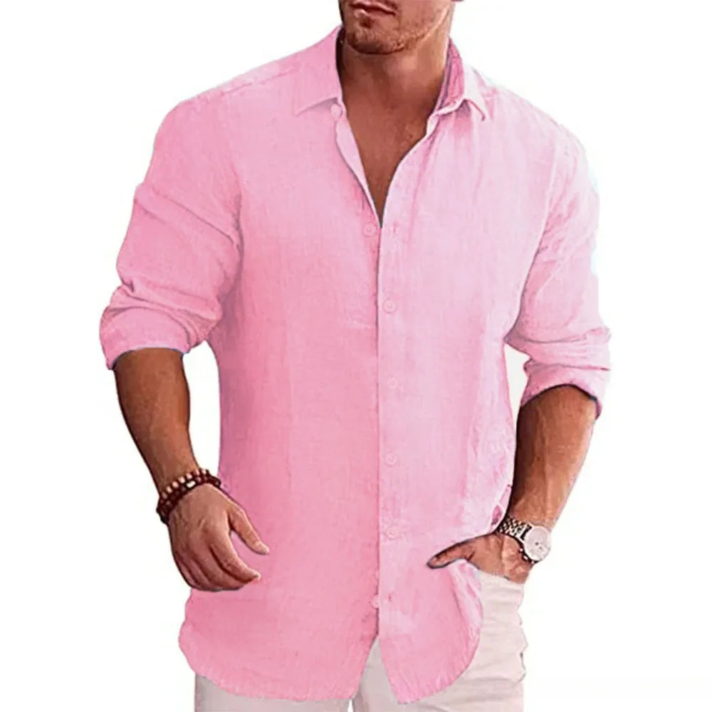 Men's Cotton Linen Long Sleeve Solid Color Shirt – Casual Plus Size