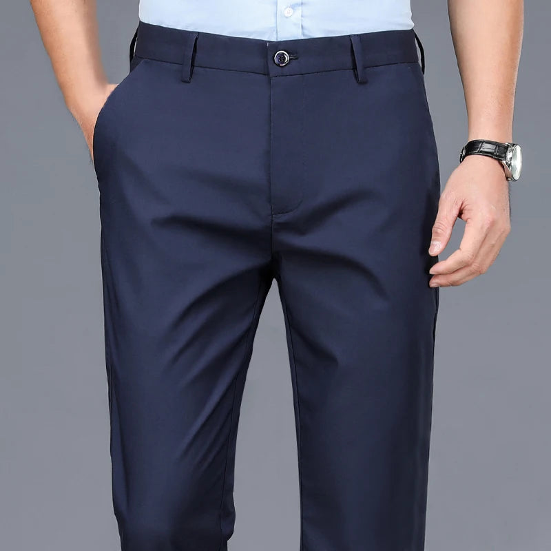 Men's Smart Casual Stretch Quick-Dry Pants – Office Work Straight Black Navy Spring