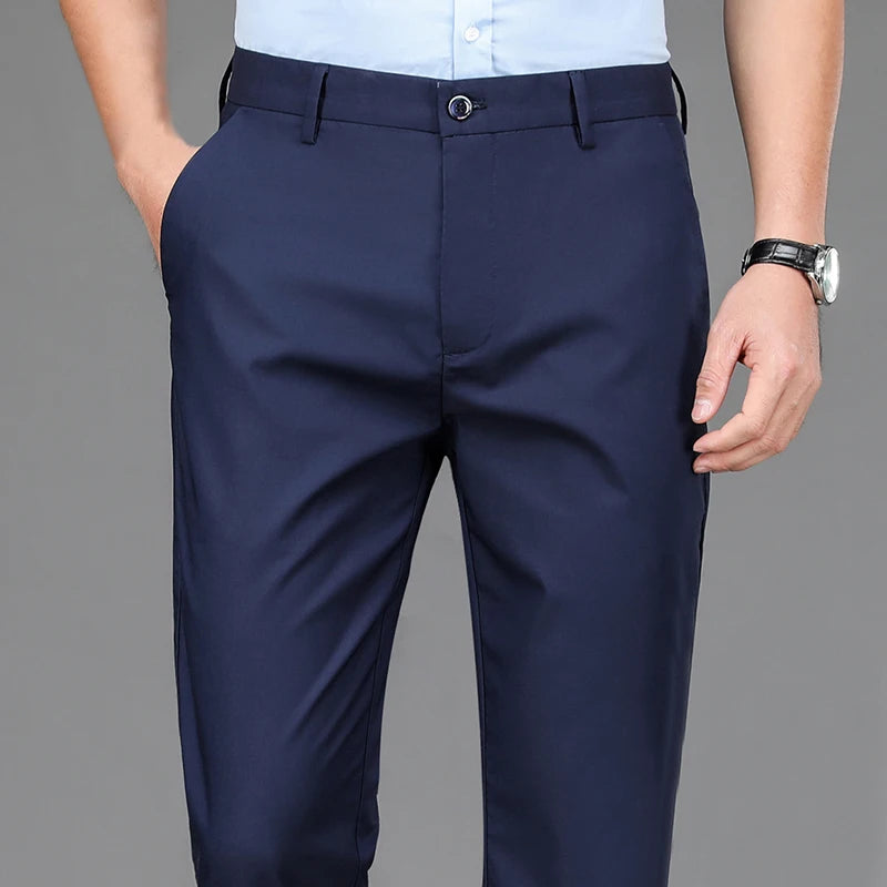 Men's Smart Casual Stretch Quick-Dry Pants – Office Work Straight Black Navy Spring