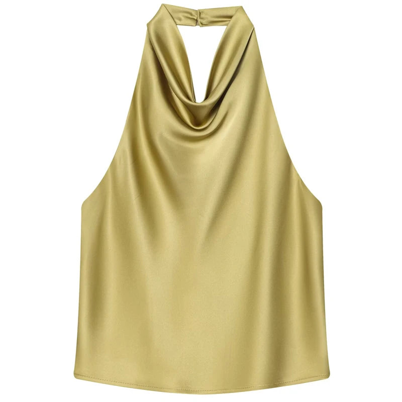 Top Corsé Halter Satén Mujer – Sin Espalda Elegante, Amarillo, Rosa & Negro