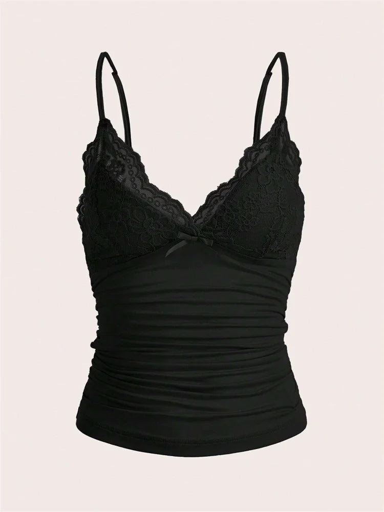 Top Cami con Encaje & Lazo Mujer – Estilo Y2K Grunge Punk, Espalda Fruncida