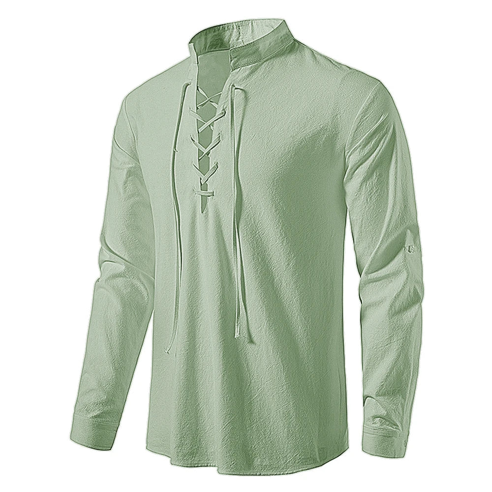 Camisa Hombre Lino Algodón Manga Larga Tapeta Diagonal – Estilo Vintage Yoga Casual Primavera Otoño