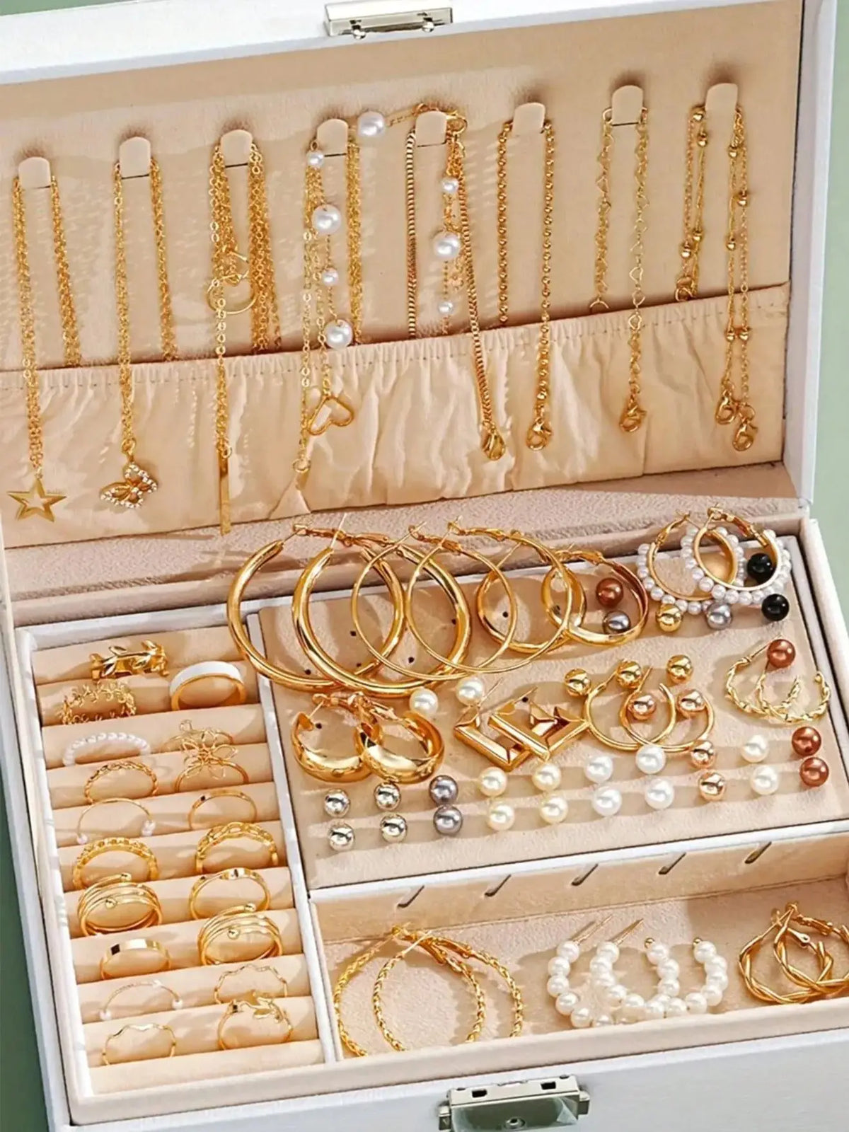 Set de Joyería 86 Piezas con Perlas – Collar, Pendientes & Anillos, Regalo Mujer