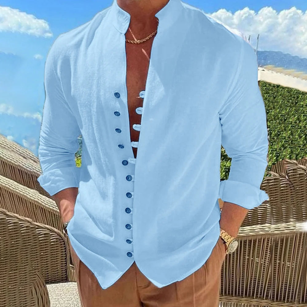 Camisa Hombre Casual Manga Larga Color Liso Holgada – Estilo Vintage Talla Grande Primavera