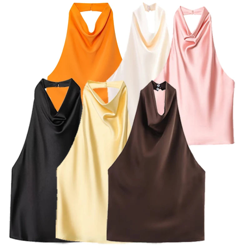 Women's Satin Halter Corset Top – Elegant Backless, Yellow, Pink & Black