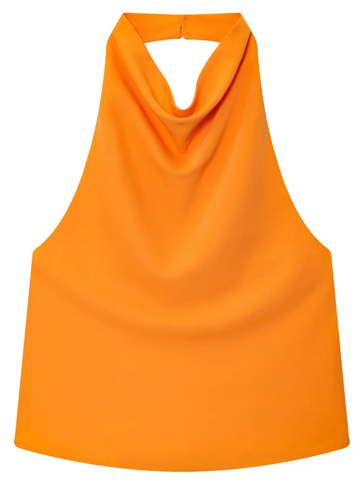 Top Corsé Halter Satén Mujer – Sin Espalda Elegante, Amarillo, Rosa & Negro