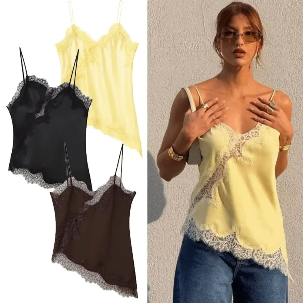 Top Camisola Asimétrica Encaje Mujer – Sin Espalda Elegante, Cuello V Sexy