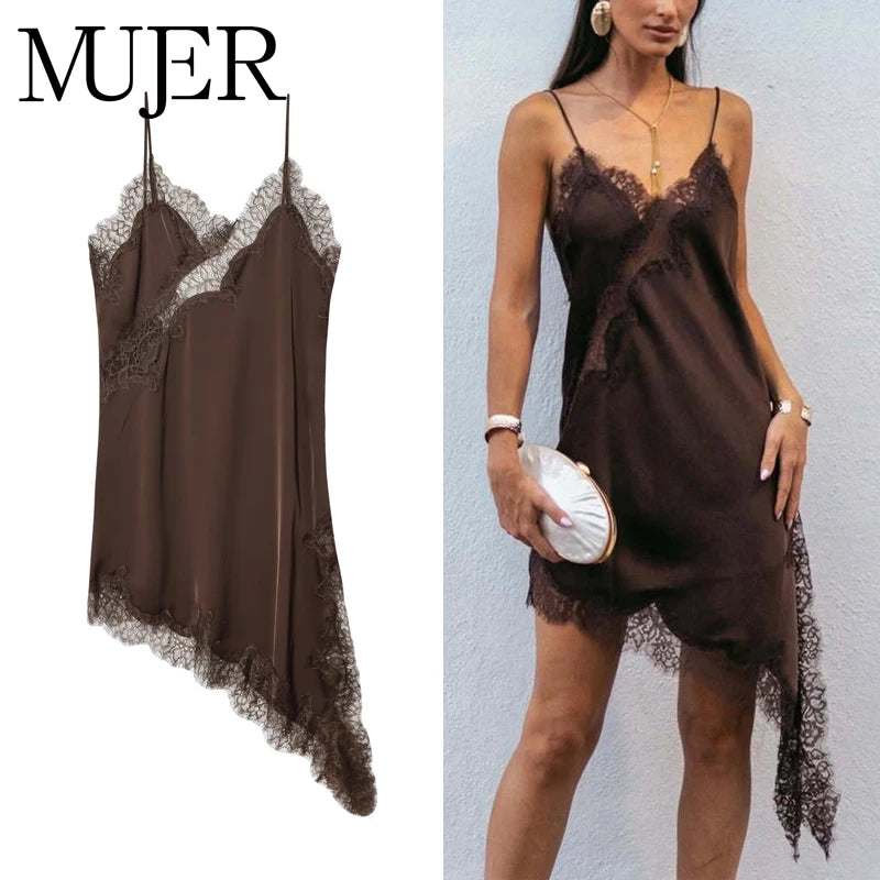 Vestido Mini Satén con Encaje Mujer – Asimétrico Sexy, Fiesta & Playa
