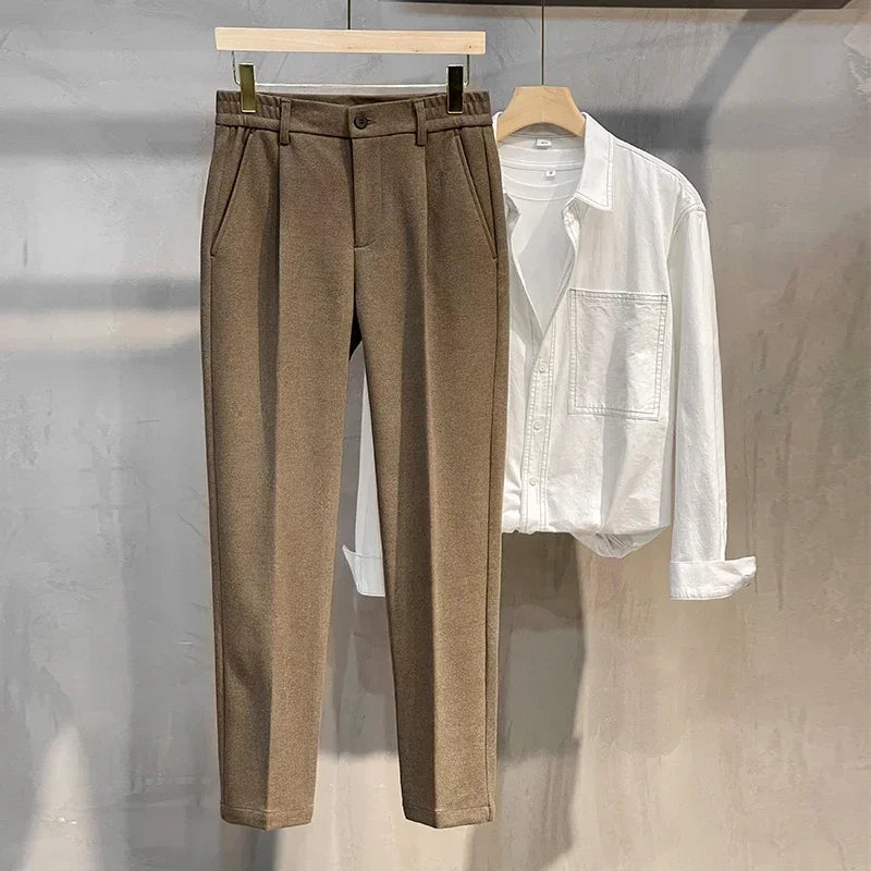 Men's Thick Wool Suit Trousers Elastic Waist – Korean Formal Straight Cut Grey Brown Autumn