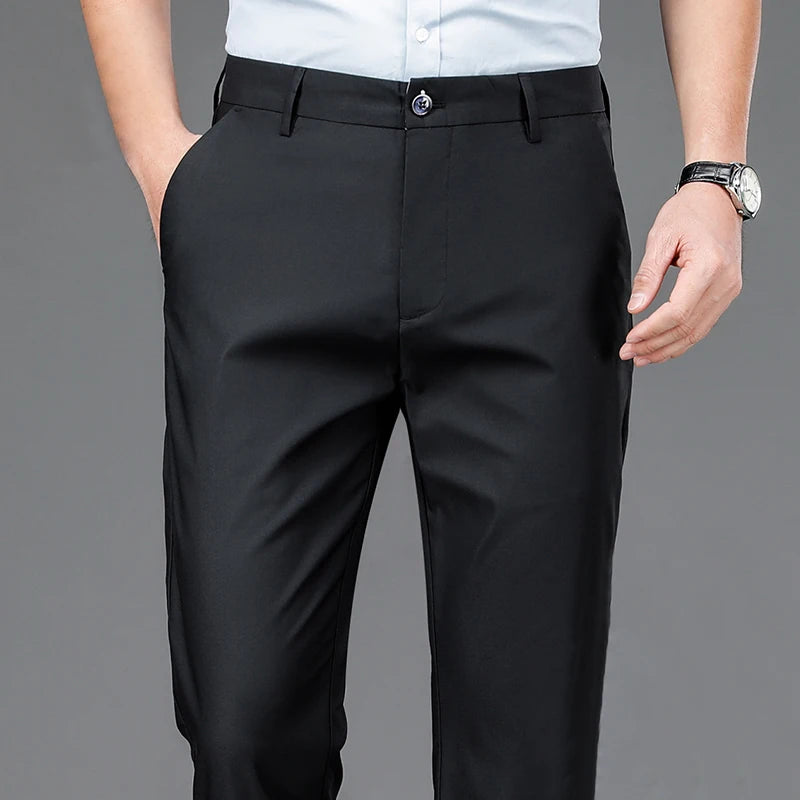 Men's Smart Casual Stretch Quick-Dry Pants – Office Work Straight Black Navy Spring