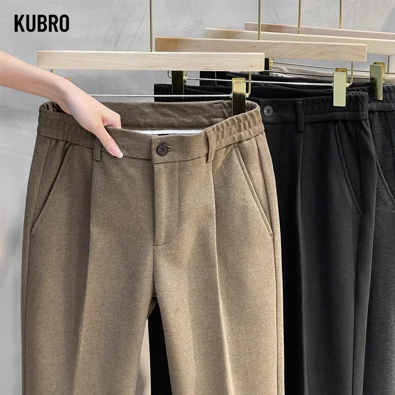Men's Thick Wool Suit Trousers Elastic Waist – Korean Formal Straight Cut Grey Brown Autumn