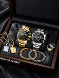Men's Quartz Watch Set – Bracelet, Necklace & Ring, Calendar, Elegant Gift
