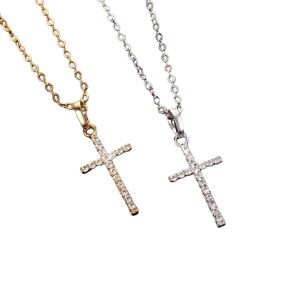 Fashion Jewelry Cross Pendant Necklace with Zircon Accessories, Simple Punk Style Unisex Couple Necklace.