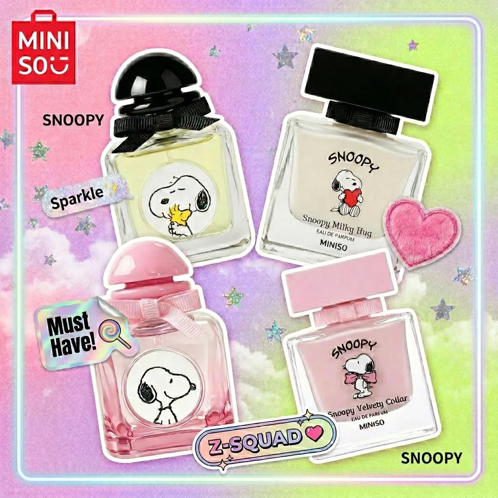 Miniso Snoopy Peanuts Women's Eau De Toilette Comforting Fruity Floral Scent with Strawberry Rose & Vanilla Sweetness Pink Square Bottle Gift for Women