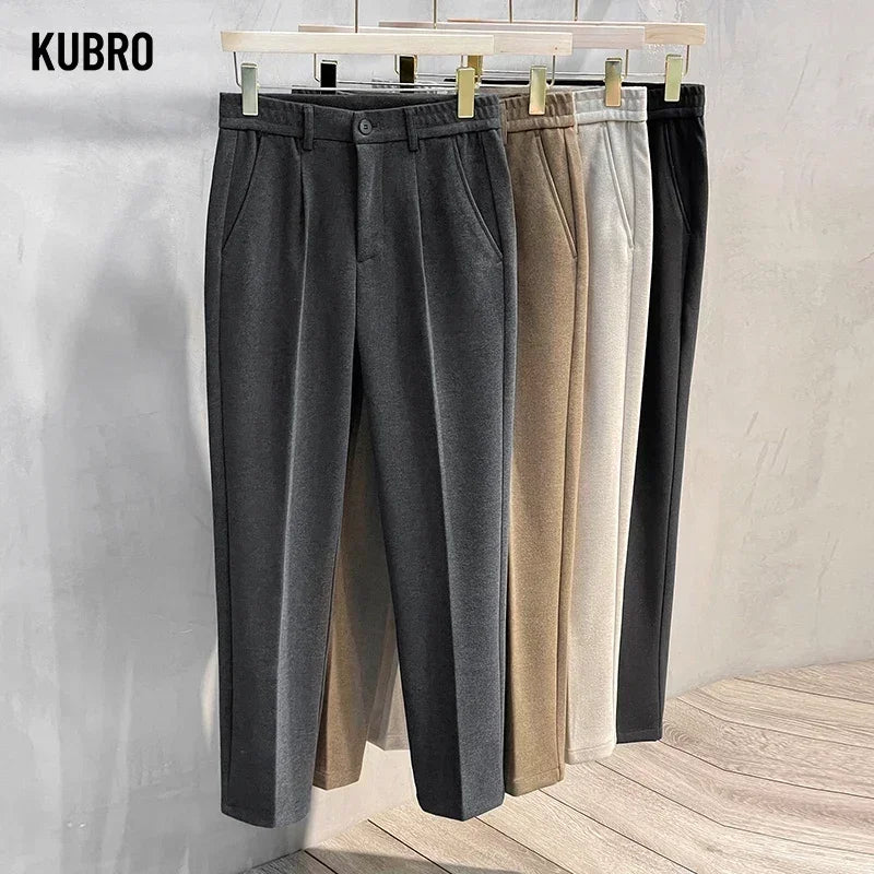 Men's Thick Wool Suit Trousers Elastic Waist – Korean Formal Straight Cut Grey Brown Autumn