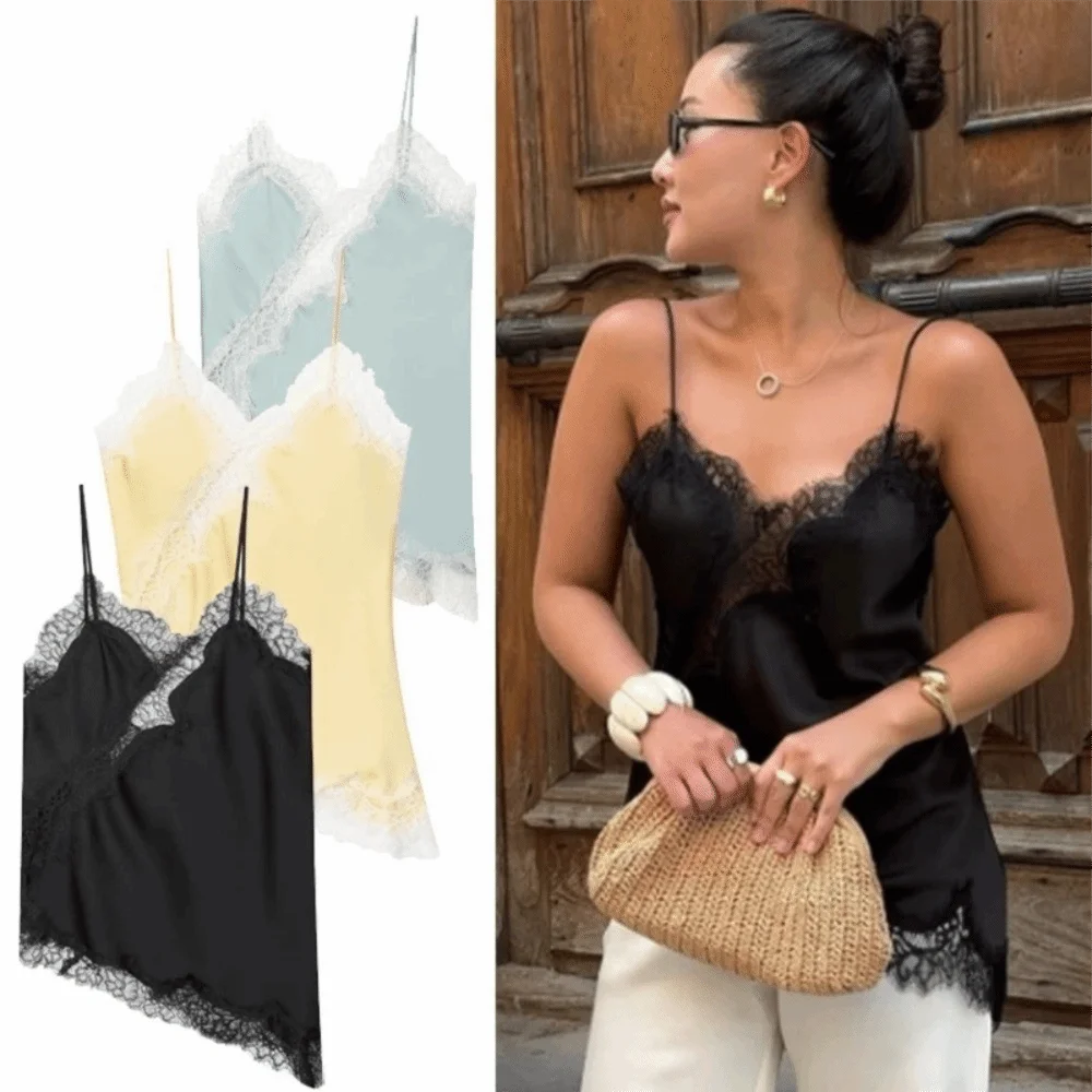 Top Camisola Asimétrica Encaje Mujer – Sin Espalda Elegante, Cuello V Sexy