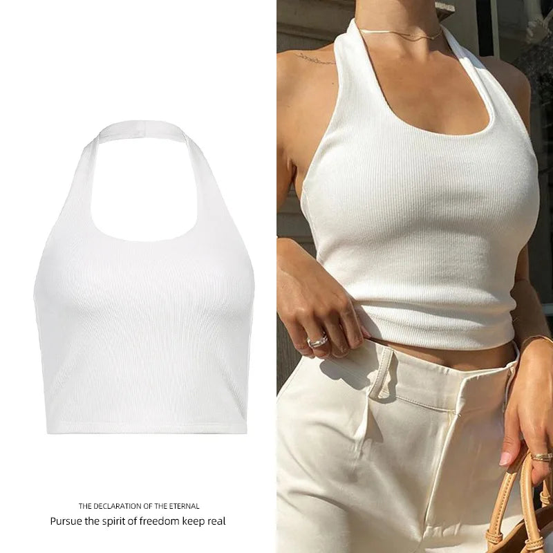 Top Camisola Halter Acanalado Mujer – Espalda U Descubierta, Slim Fit Y2K