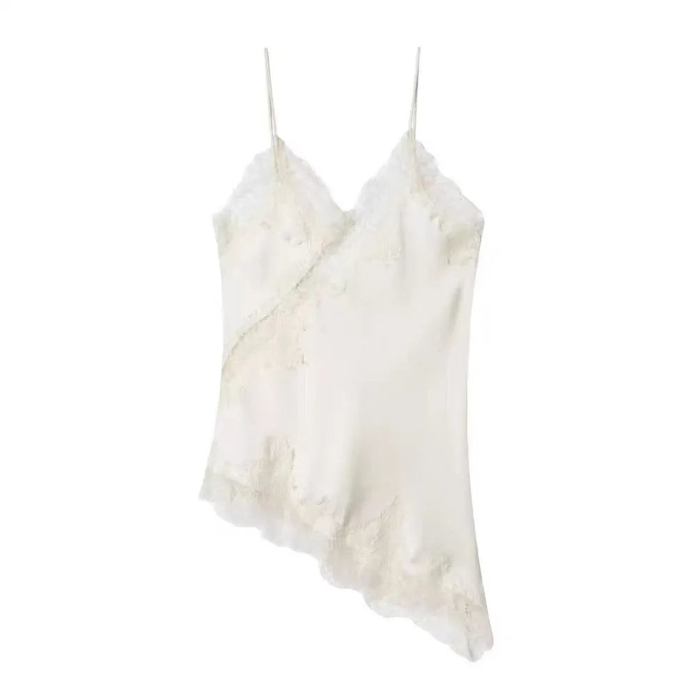 Top Camisola Asimétrica Encaje Mujer – Sin Espalda Elegante, Cuello V Sexy