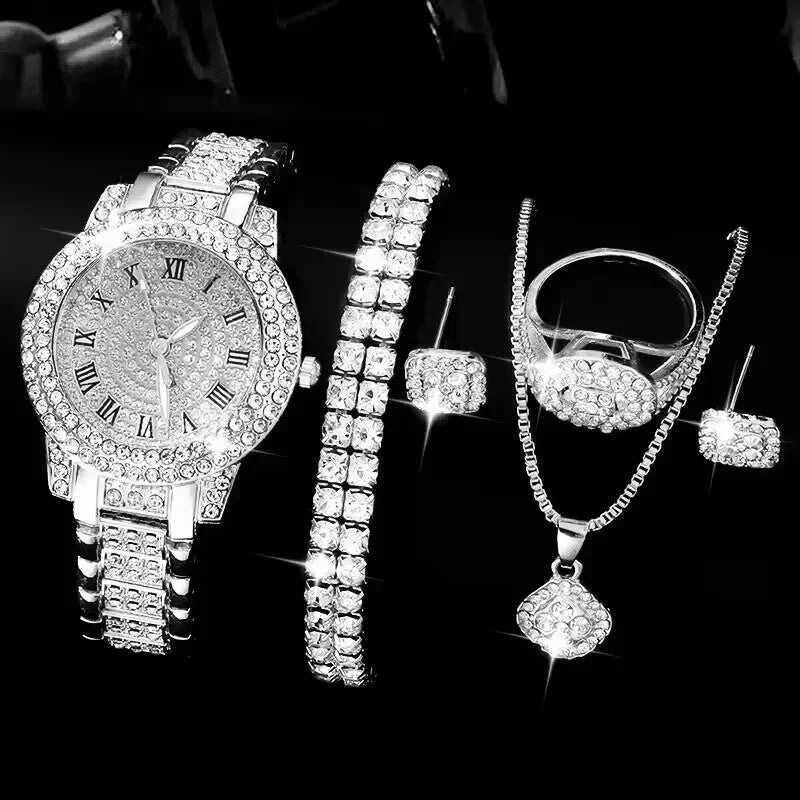Set de Joyeria Dorada para Mujer – Reloj, Collar, Pendientes & Pulsera con Diamantes