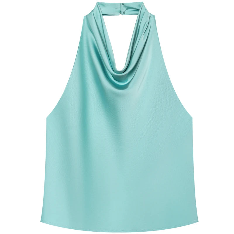 Top Corsé Halter Satén Mujer – Sin Espalda Elegante, Amarillo, Rosa & Negro