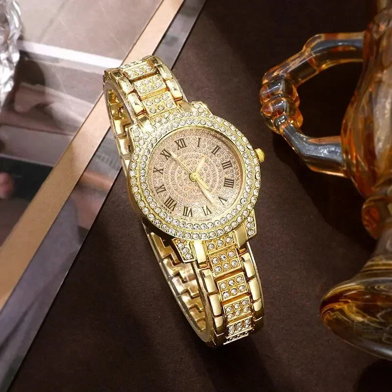 Set de Joyeria Dorada para Mujer – Reloj, Collar, Pendientes & Pulsera con Diamantes