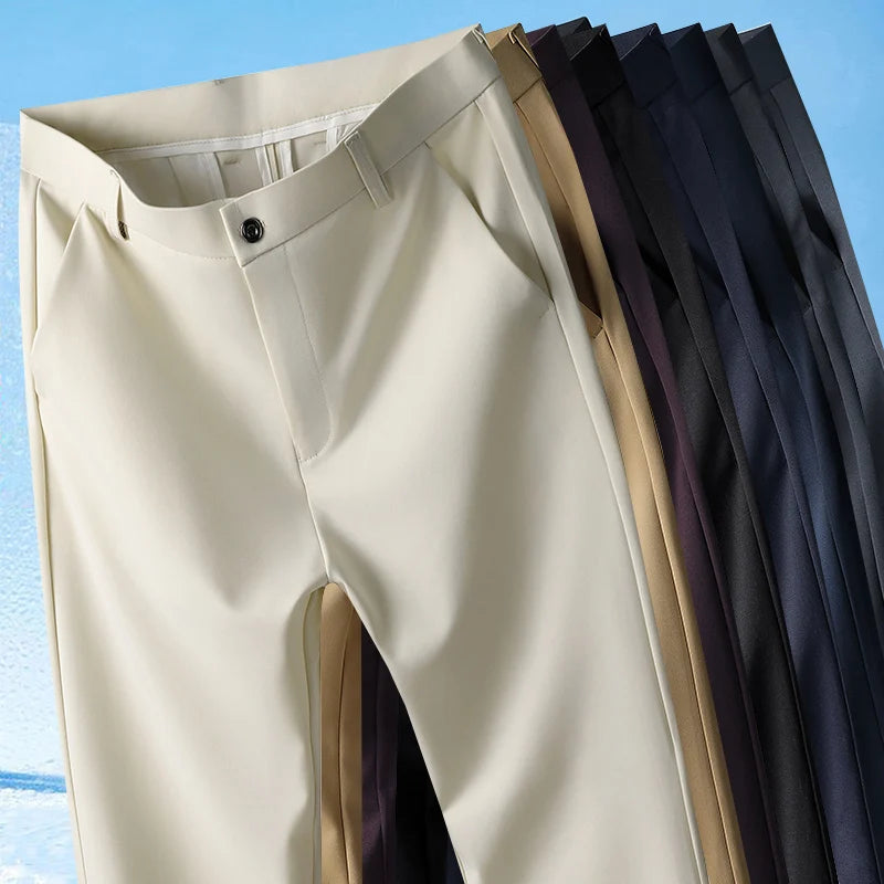 Men's Straight-Leg Non-Iron Silky Fabric Trousers – Lightweight Casual Spring/Summer, Size 29-42