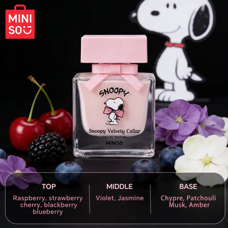 Miniso Snoopy Peanuts Women's Eau De Toilette Comforting Fruity Floral Scent with Strawberry Rose & Vanilla Sweetness Pink Square Bottle Gift for Women