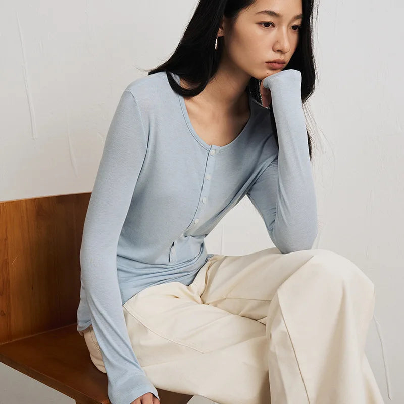 Jersey Lana & Seda Manga Larga Mujer Slim Fit – Punto Fino Otoño-Invierno