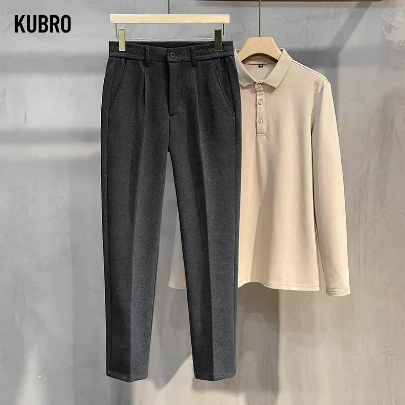 Men's Thick Wool Suit Trousers Elastic Waist – Korean Formal Straight Cut Grey Brown Autumn
