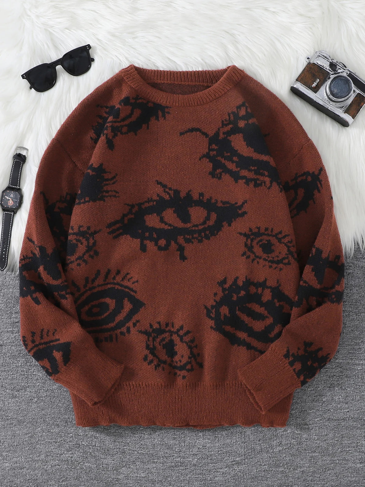Abstract Eye Motif Jacquard Sweater – Casual Fall-Winter Pullover