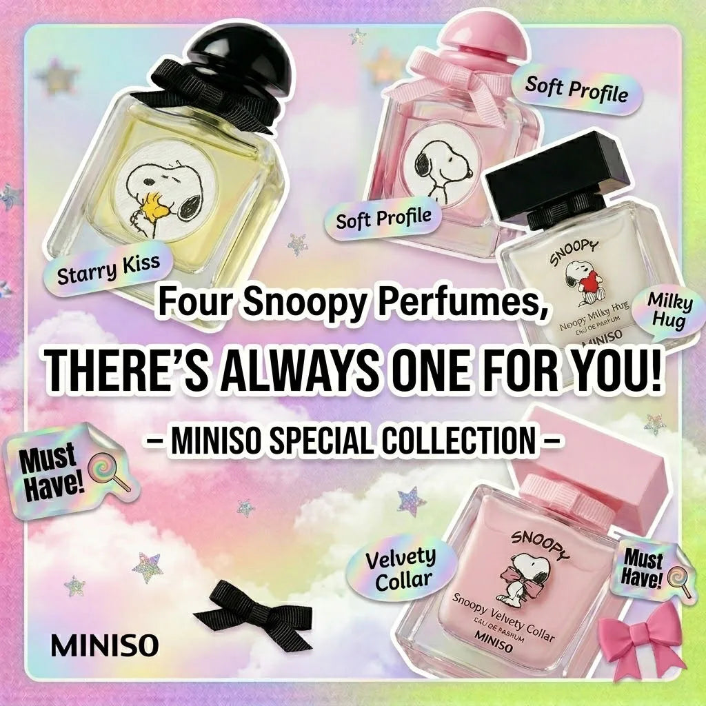 Miniso Snoopy Peanuts Women's Eau De Toilette Comforting Fruity Floral Scent with Strawberry Rose & Vanilla Sweetness Pink Square Bottle Gift for Women
