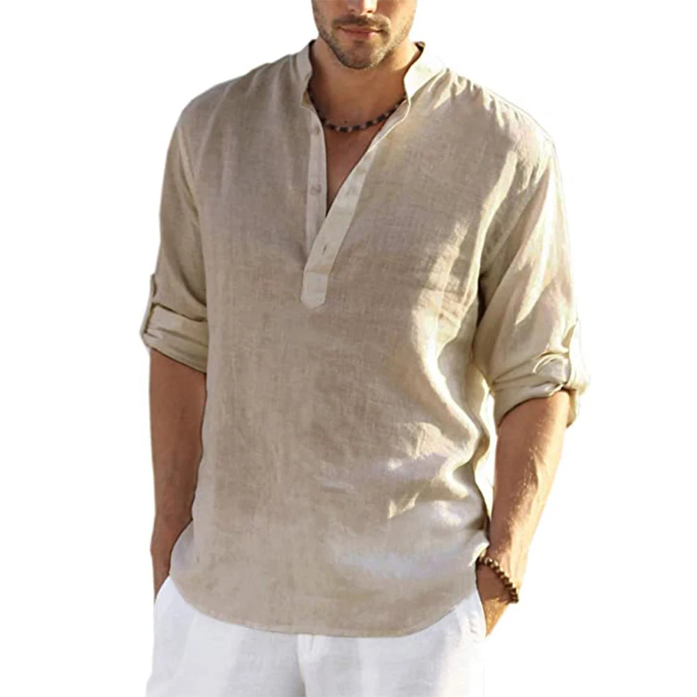 Men's Cotton Linen Long Sleeve Shirt – Loose Casual Spring Autumn, Size S-3XL