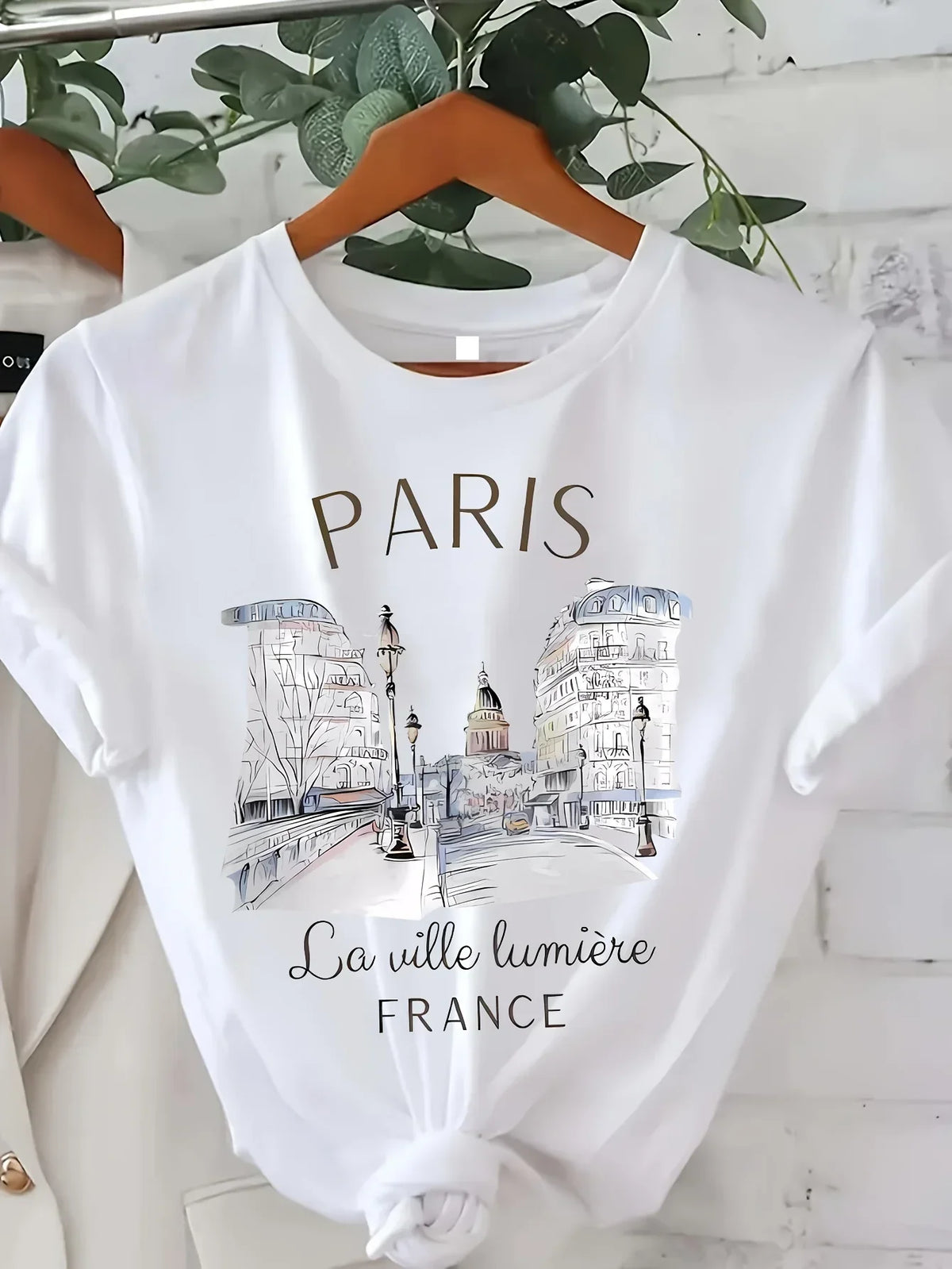 Camiseta estilo Y2K con estampado de París para mujer y chica; manga corta, cuello redondo, prenda casual ideal para primavera y verano.