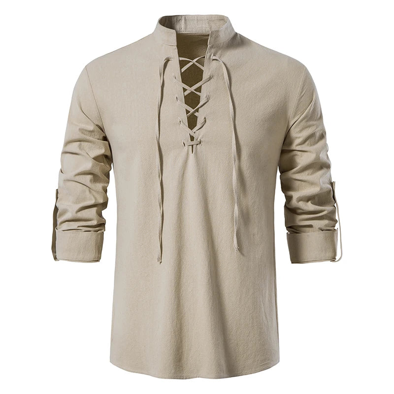 Camisa Hombre Lino Algodón Manga Larga Tapeta Diagonal – Estilo Vintage Yoga Casual Primavera Otoño