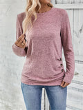 Buttoned gathered t-shirt, casual long-sleeved garment for spring and autumn, women's clothing