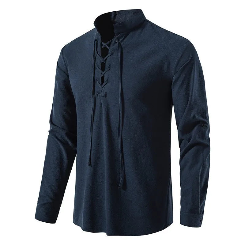 Camisa Hombre Lino Algodón Manga Larga Tapeta Diagonal – Estilo Vintage Yoga Casual Primavera Otoño