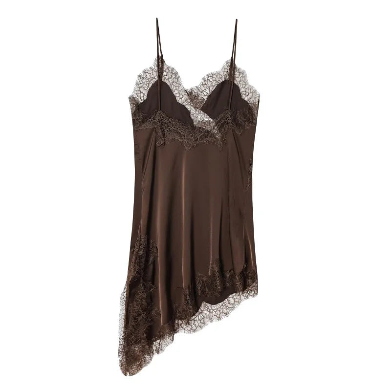 Vestido Mini Satén con Encaje Mujer – Asimétrico Sexy, Fiesta & Playa