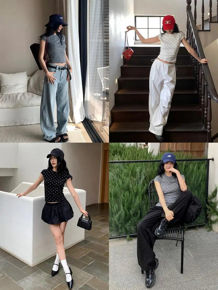 Camiseta Yedinas Streetwear de lunares para mujer, manga corta, estilo coreano, ajustada, vintage, tops de verano, camisetas Y2K, chic