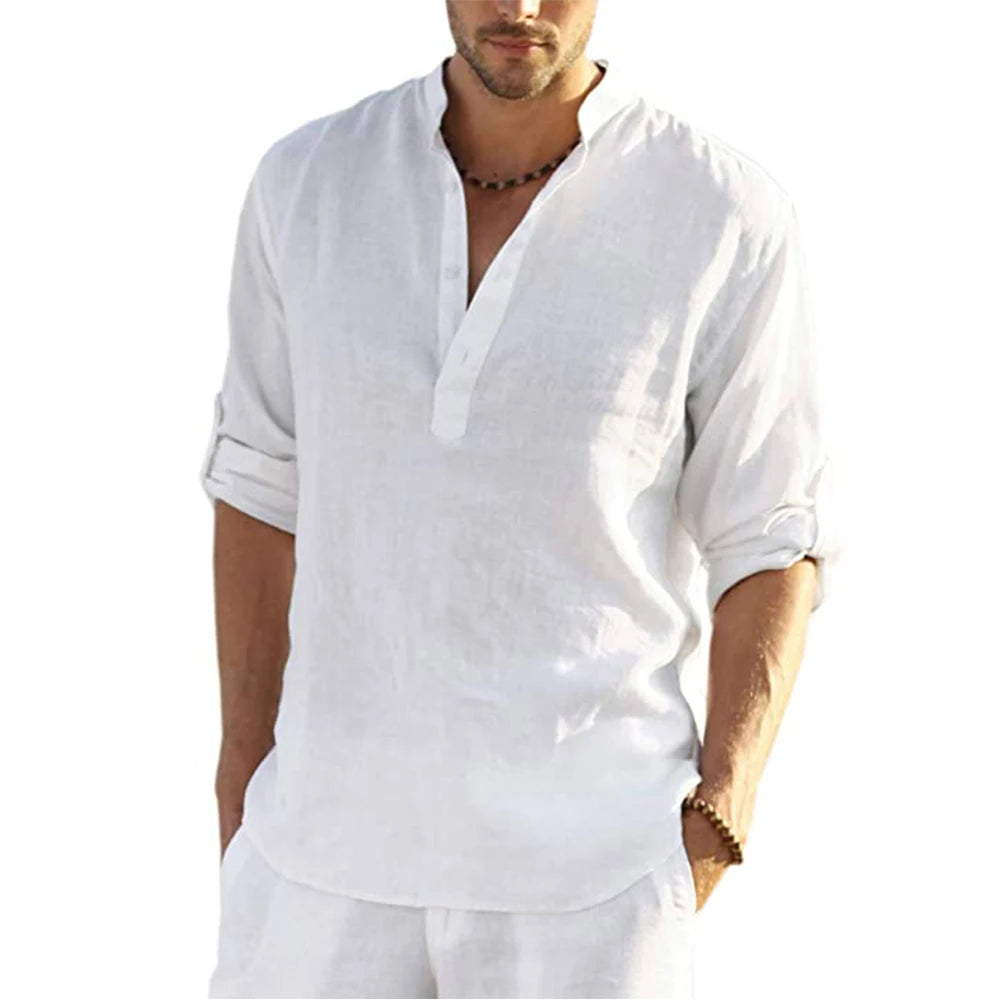 Men's Cotton Linen Long Sleeve Shirt – Loose Casual Spring Autumn, Size S-3XL