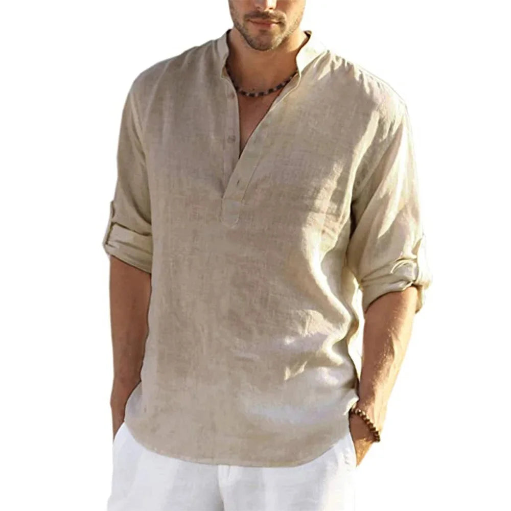 Camisa Hombre Lino Algodón Manga Larga – Suelta Casual Primavera Otoño, Talla S-3XL