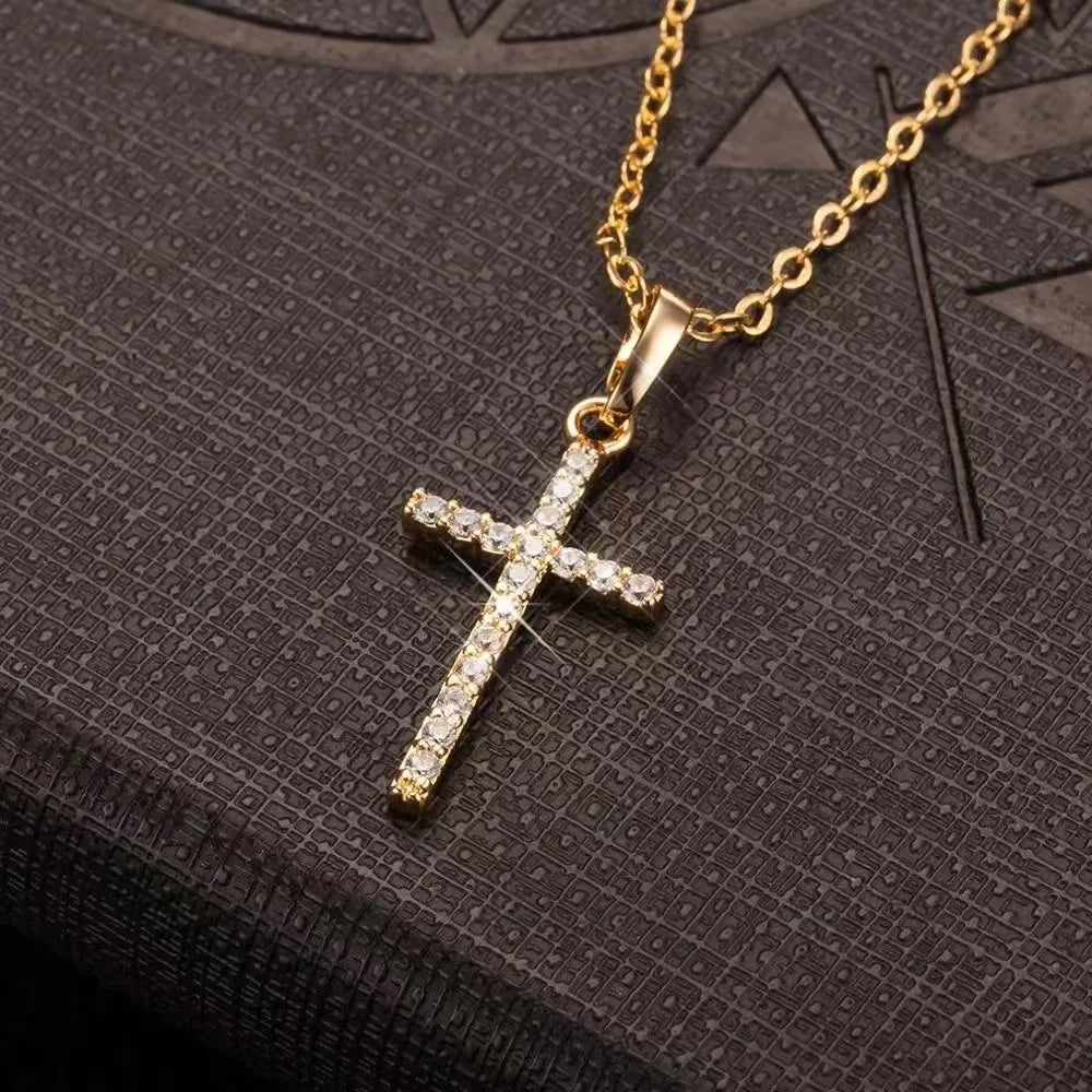 Fashion Jewelry Cross Pendant Necklace with Zircon Accessories, Simple Punk Style Unisex Couple Necklace.