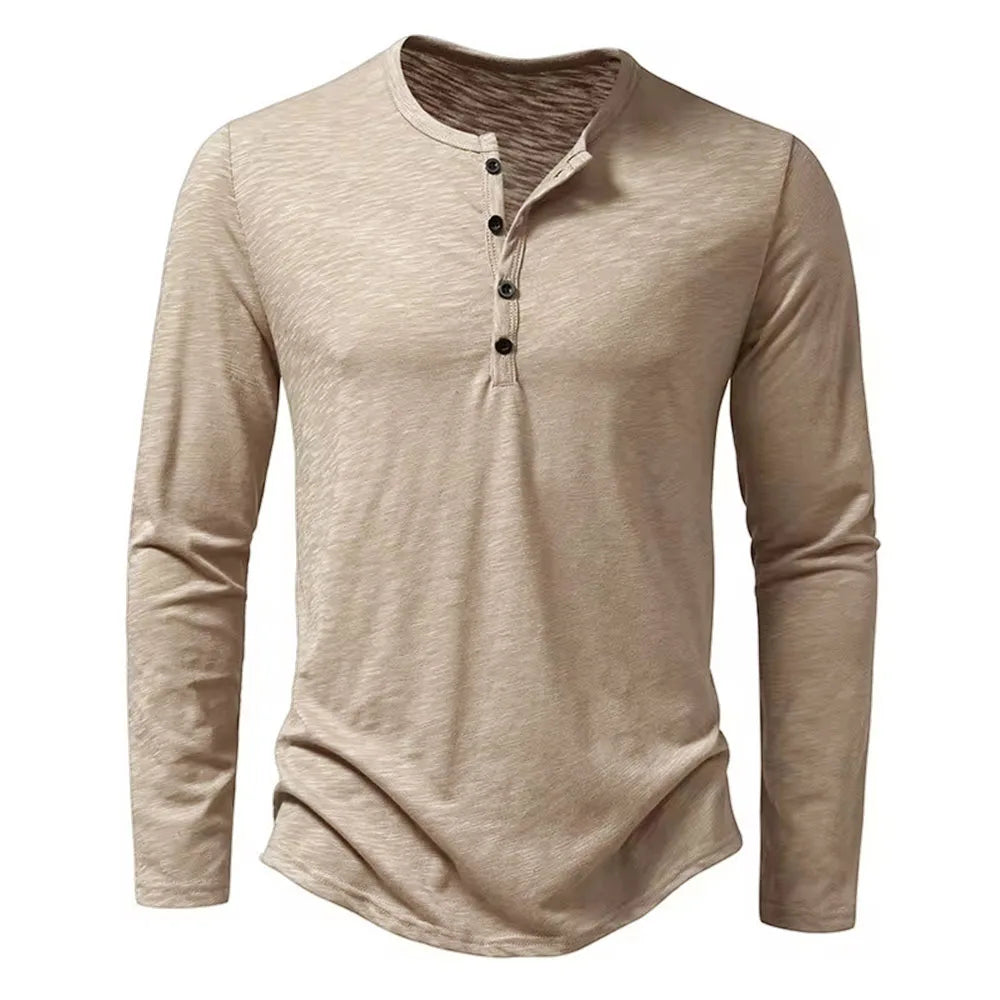 Men's Henley Neck Long Sleeve Slim Fit Button Shirt – Solid Breathable Cotton Casual Autumn