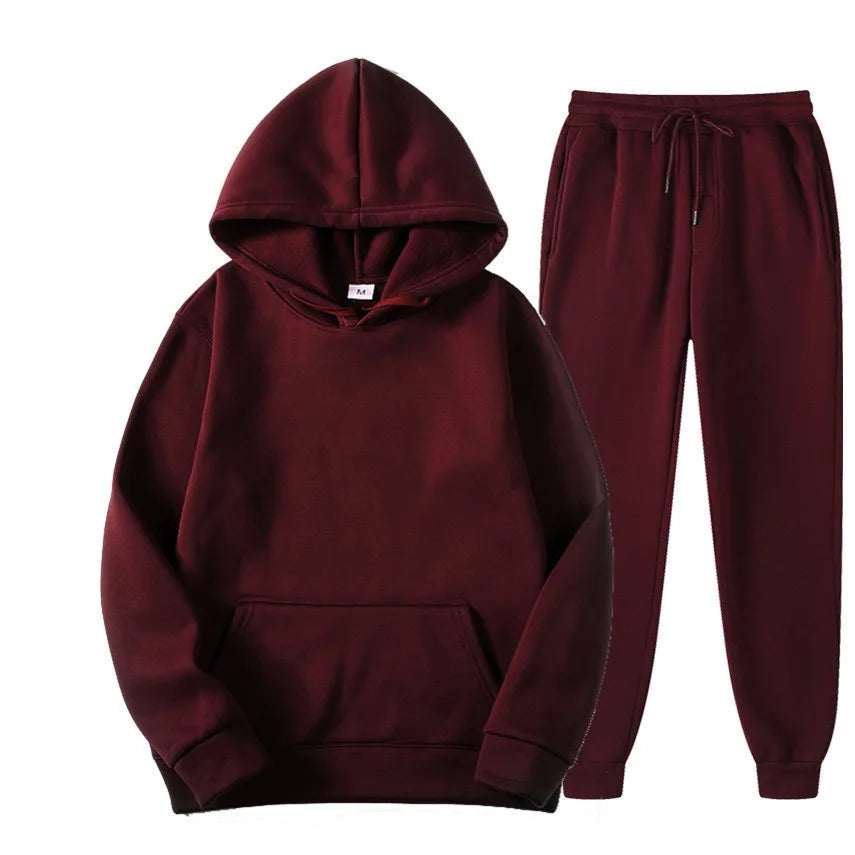 Conjunto Chándal Hombre 2 Piezas Hoodie + Pantalón – Deportivo Casual Color Sólido, Talla S-3XL